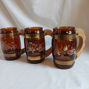 Siesta Ware Brown Amber Mugs with Wooden Handle Set of 3
